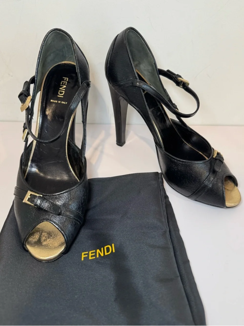 Fendi Black Leather Peep Toe D’Orsay Pumps W Gold Buckle Accents, Size 39